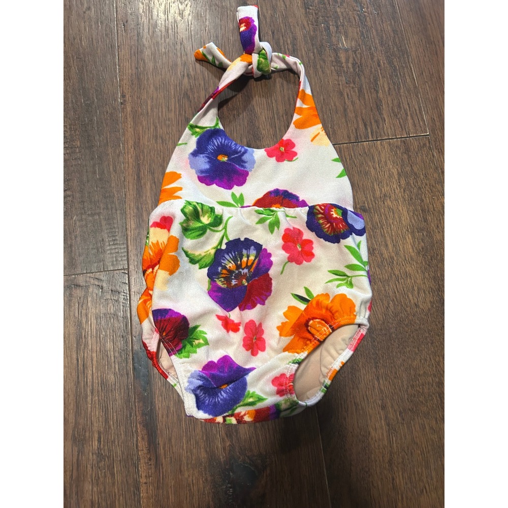 90s Little Jeane Kids Floral Halter One Piece Swimsuit Multicolor Retro Print
